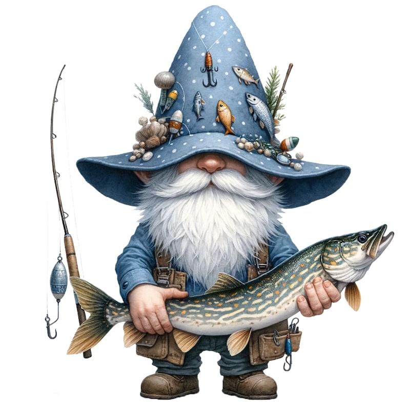 12 PNG, Watercolor Fishing gnome Clipart PNG, Fishing Clipart Bundle,Fishing gnome Clip Art Fishing theme Watercolor Fishing, Commercial Use image 1